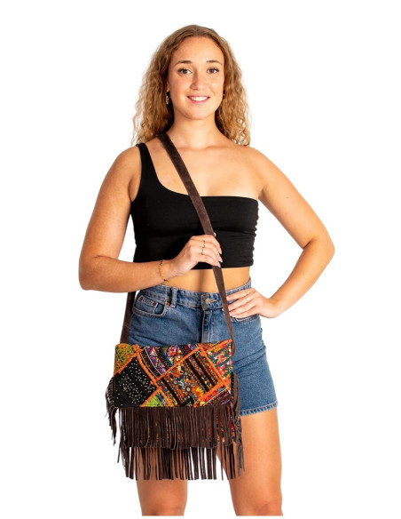 Handmade boho clutch with mirrors and fringes – Kimago