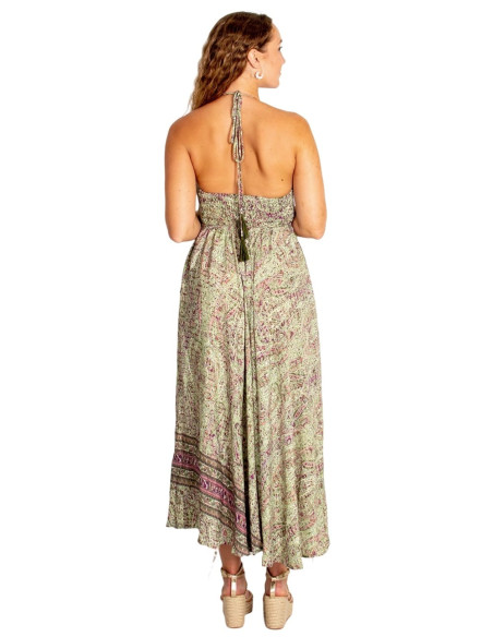 Vestido largo Kimago en seda verde – Boho y artesanal