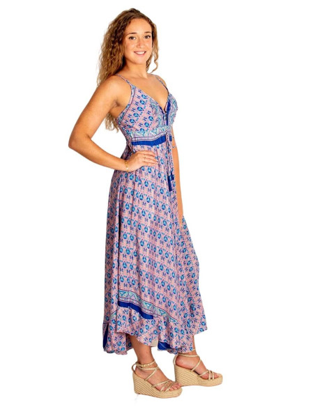 Kimago boho long dress in silk with pink and blue print