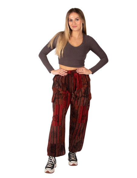 Calças hippies de patchwork feitas à mão – Cores quentes e escuras