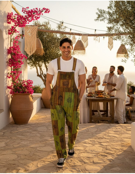 Unisex-Patchwork-Latzhose aus handgefertigter Baumwolle – Grün, Lila oder Rot