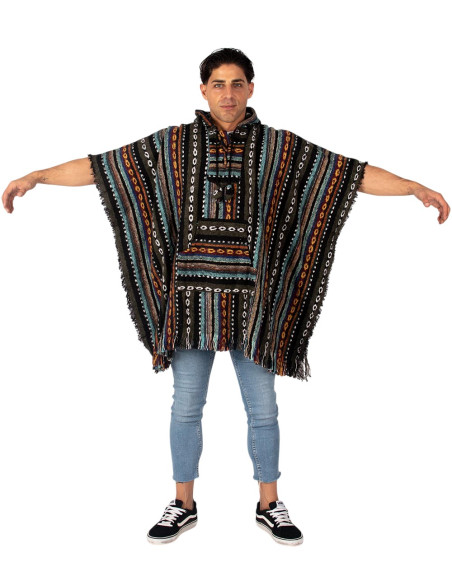 Poncho carré unisexe fait main avec capuche et boutons en bois