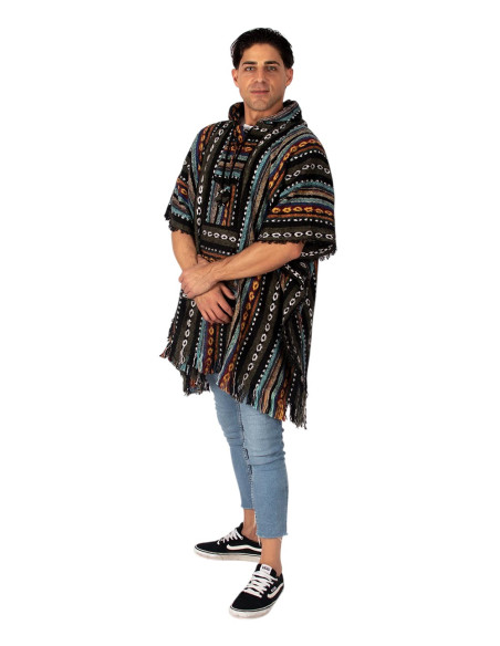 Handmade unisex square poncho with hood and wooden buttons