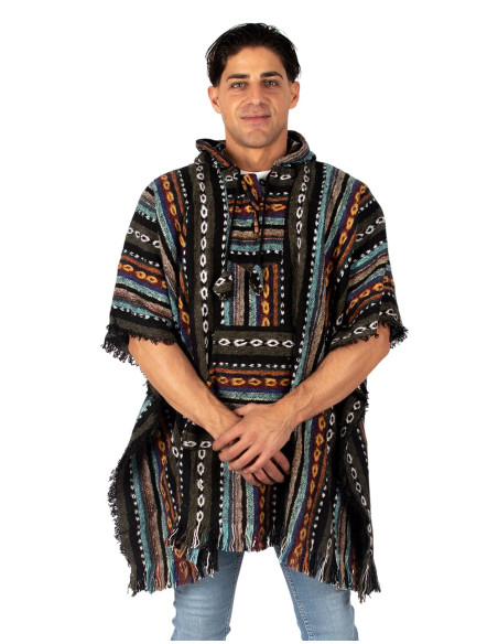 Poncho quadrato unisex fatto a mano con cappuccio e bottoni in legno