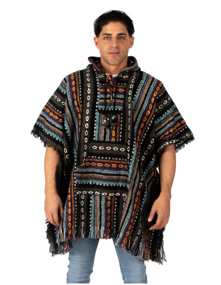 Handmade unisex square poncho with hood and wooden buttons