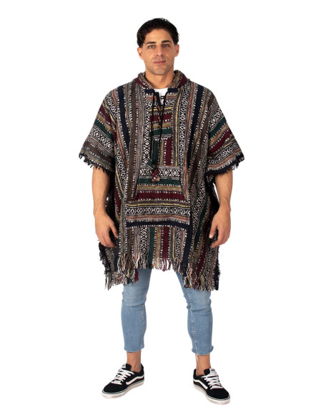 Poncho carré unisexe fait main avec capuche et boutons en bois