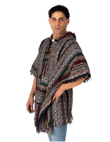 Handmade unisex square poncho with hood and...