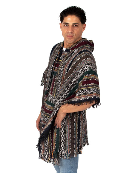 Poncho quadrado unissex feito à mão com capuz e botões de madeira.