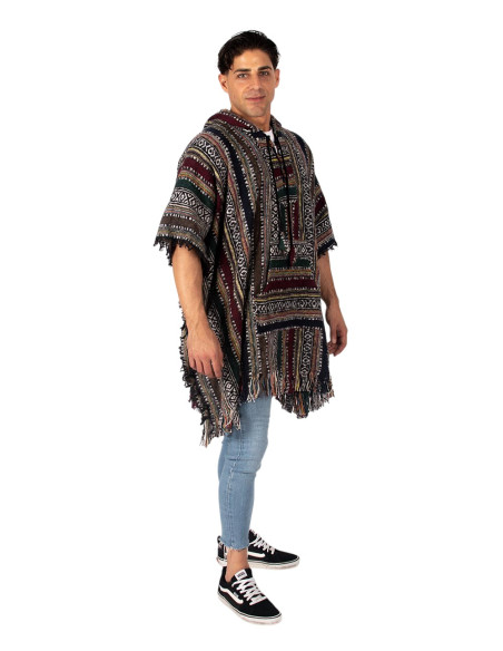 Poncho quadrado unissex feito à mão com capuz e botões de madeira.