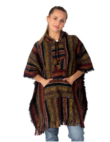 Unisex handmade poncho with hood and wooden...