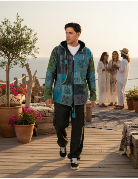 HSU0011 – Kimago Unisex-Patchworkjacke mit Fleecefutter und handgefertigter Kapuze
