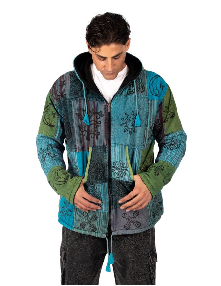 HSU0011 - Veste Kimago unisexe patchwork avec doublure polaire et capuche faite main