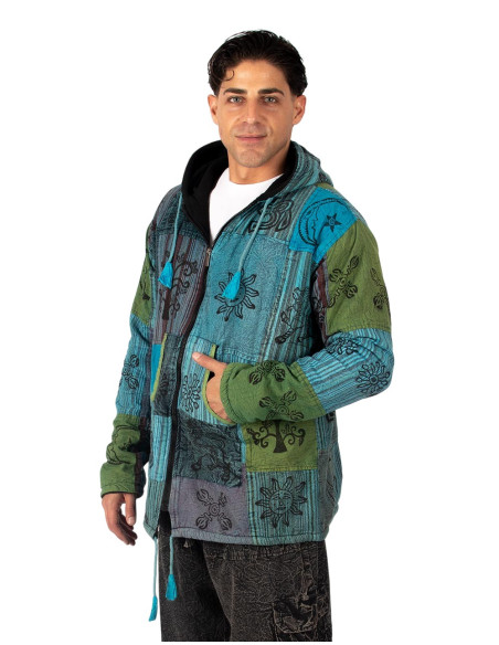 HSU0011 – Kimago Unisex-Patchworkjacke mit Fleecefutter und handgefertigter Kapuze