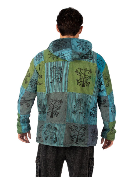 HSU0011 - Veste Kimago unisexe patchwork avec doublure polaire et capuche faite main
