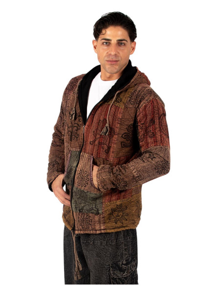 HSU0011 – Kimago Unisex-Patchworkjacke mit Fleecefutter und handgefertigter Kapuze