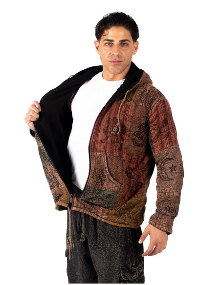 HSU0011 - Giacca patchwork unisex Kimago con fodera in pile e cappuccio fatto a mano