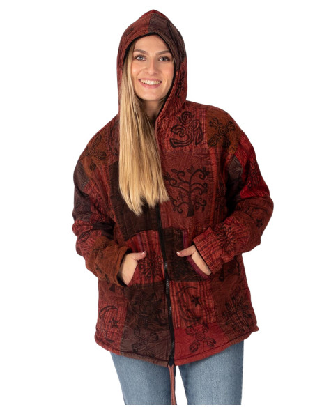 Giacca etnica patchwork unisex con fodera in pile e cappuccio