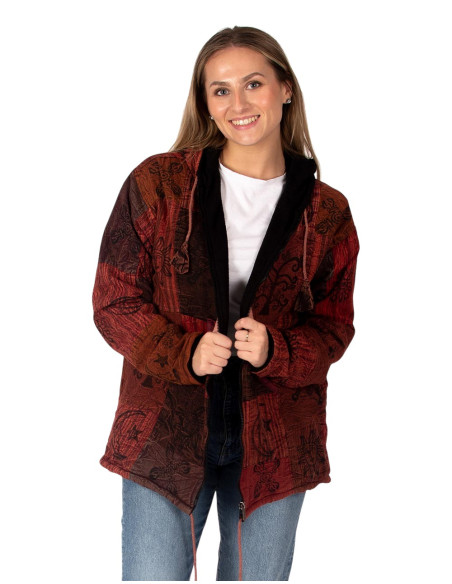 Unisex patchwork ethnic jacket with fleece lining and hood