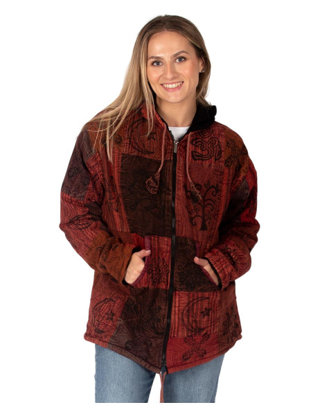 Giacca etnica patchwork unisex con fodera in pile e cappuccio