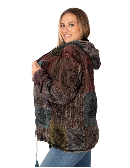 Unisex patchwork ethnic jacket with fleece lining and hood