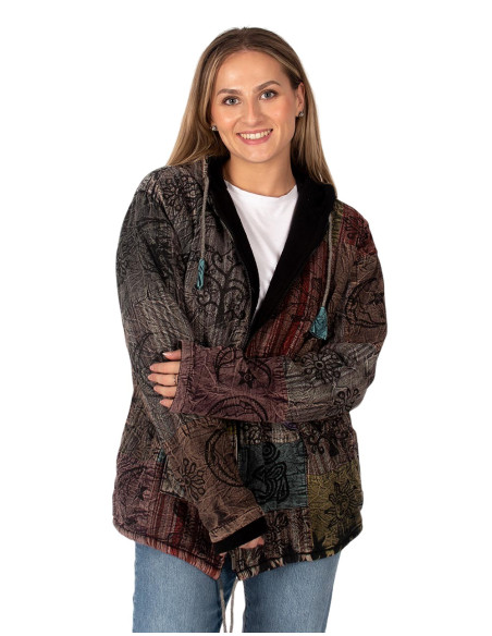 Giacca etnica patchwork unisex con fodera in pile e cappuccio