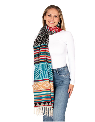 Xale artesanal em algodão e lã com franjas –...
