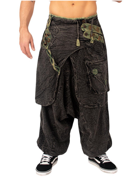 Pantaloni afghani in cotone grigio con dettagli verdi e gonna etnica