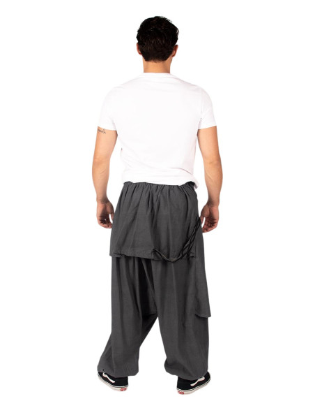 Pantaloni afghani in cotone grigio con orlo asimmetrico e simbolo Om