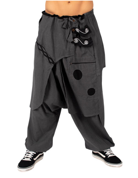 Pantalon afghan en coton gris à ourlet asymétrique et symbole Om