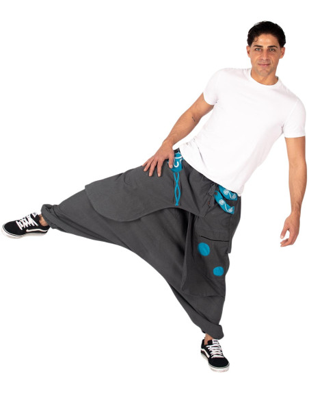 Graue afghanische Baumwollhose mit asymmetrischem Saum und Om-Symbol