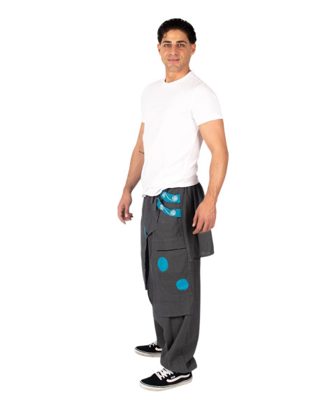 Graue afghanische Baumwollhose mit asymmetrischem Saum und Om-Symbol