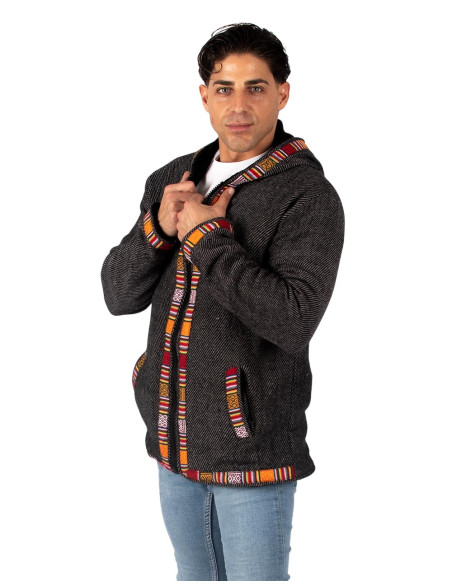 Grey jacket with red trim and fleece lining