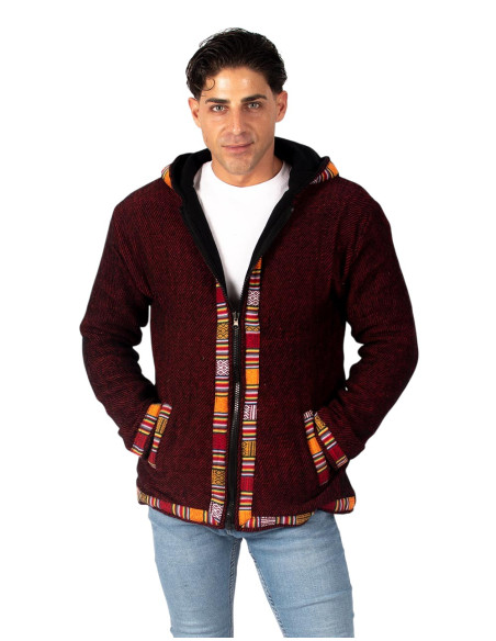 Warm red jacket with handcrafted trim in shades of red and orange