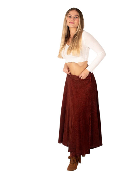 Gonna lunga avvolgente in stile boho marrone-rossastro, realizzata in cotone fatto a mano