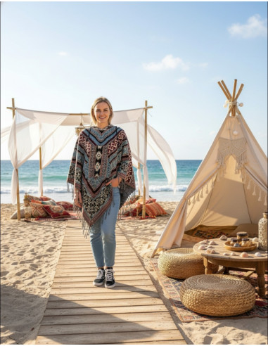 Poncho unissex estilo boho com capuz e franjas...
