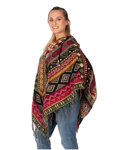 Unisex boho-style poncho with hood and fringe |...