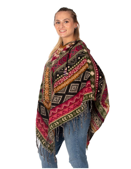 Unisex-Poncho im Boho-Stil mit Kapuze und Fransen | Ethno-Handwerkskunst