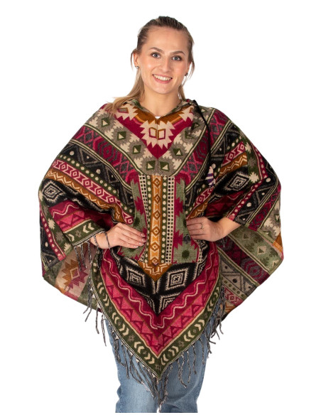 Unisex boho-style poncho with hood and fringe | Ethnic craftsmanship