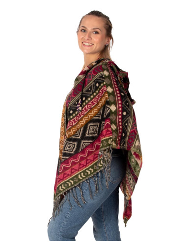 Unisex boho-style poncho with hood and fringe |...