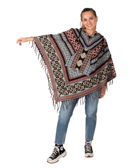 Poncho unissex estilo boho com capuz e franjas | Artesanato étnico