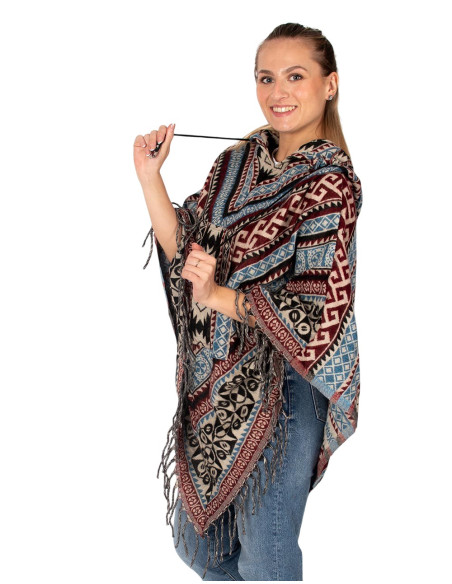 Poncho unisex estilo boho con capucha y flecos | Artesanía étnica