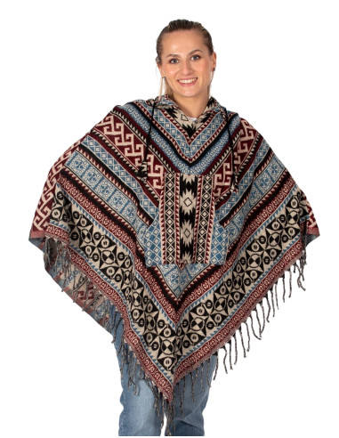 Poncho unisex in stile boho con cappuccio e...