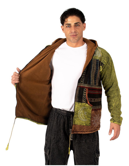 Jaqueta artesanal em patchwork com forro de lã polar – Fabricada na Índia