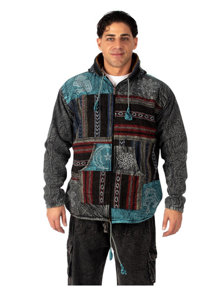 Jaqueta artesanal em patchwork com forro de lã polar – Fabricada na Índia