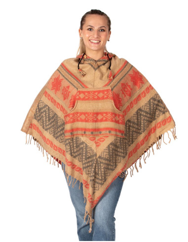 Poncho en coton et laine fait main avec capuche...