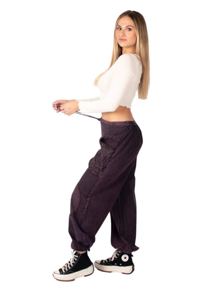 Unisex purple cotton harem pants in an ethnic style