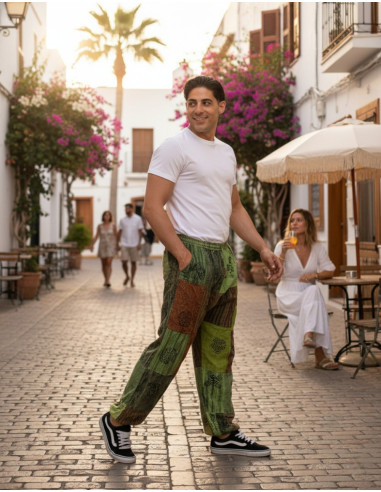 pantalon-bombacho-verde-patchwork-kimago