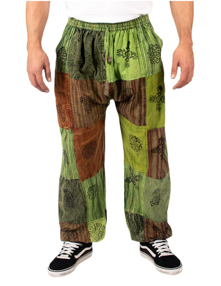 Unisex-Haremshose aus Patchwork-Baumwolle in Grüntönen