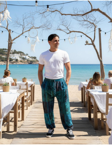 Unisex patchwork light blue cotton harem pants