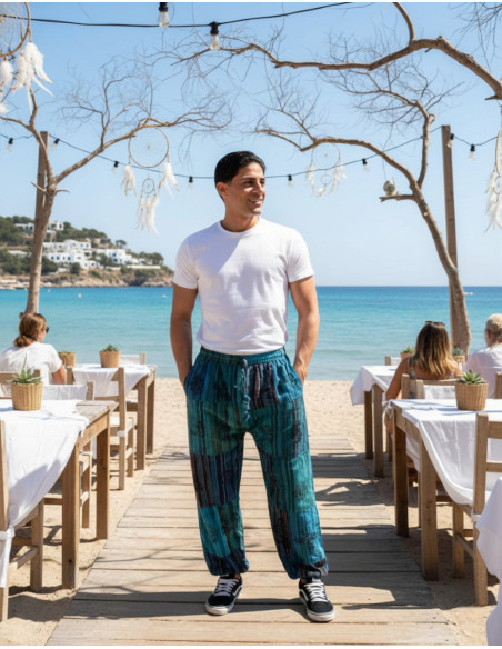 pantalon sarouel unisexe en coton bleu clair patchwork